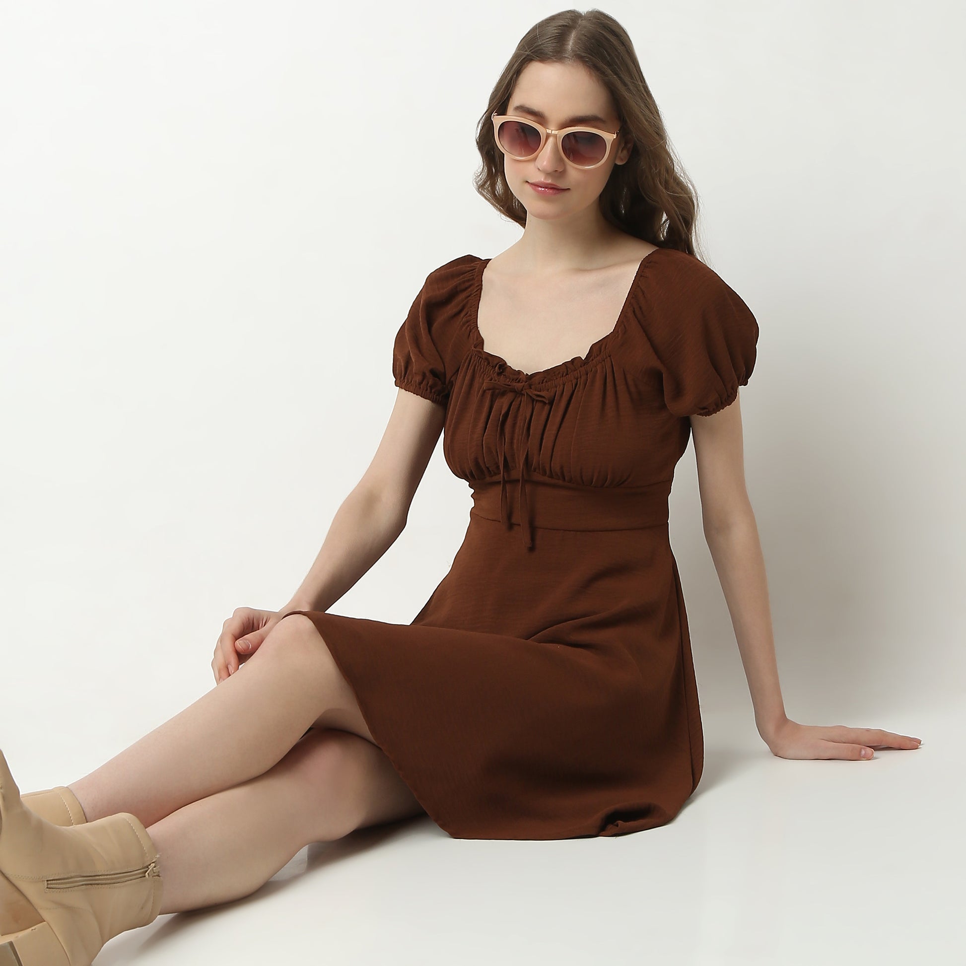 Flare Fit Solid Square Neck Dress