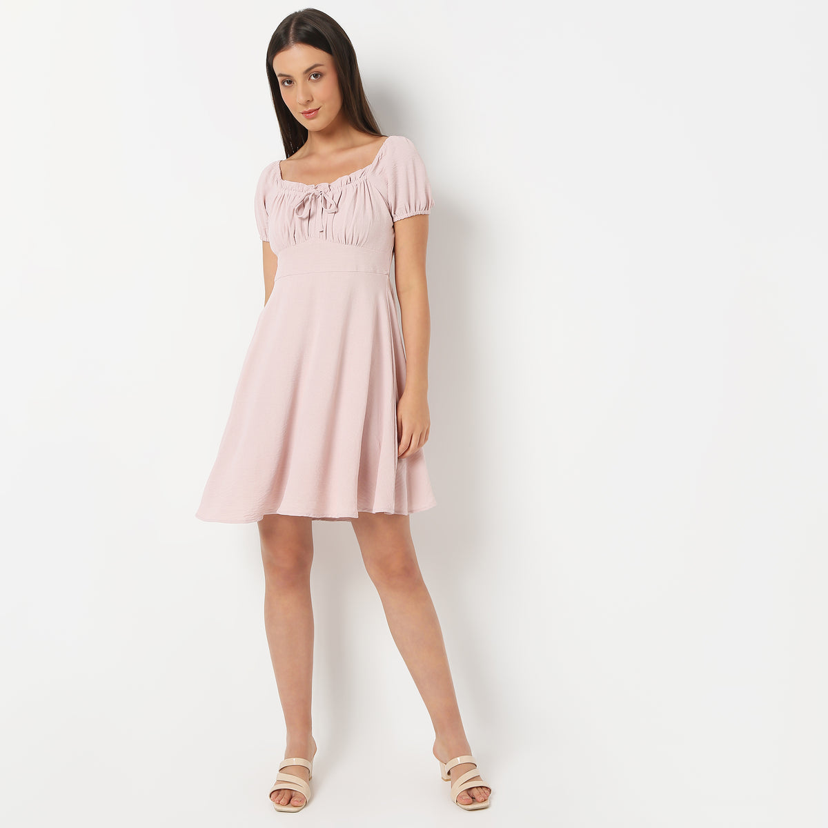 Women Solid Square Neck Above Knee Length Flare Fit Young Dress Mid Dress