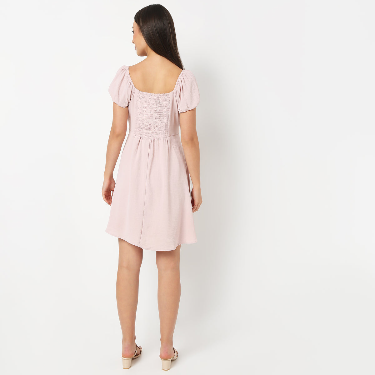 Women Solid Square Neck Above Knee Length Flare Fit Young Dress Mid Dress