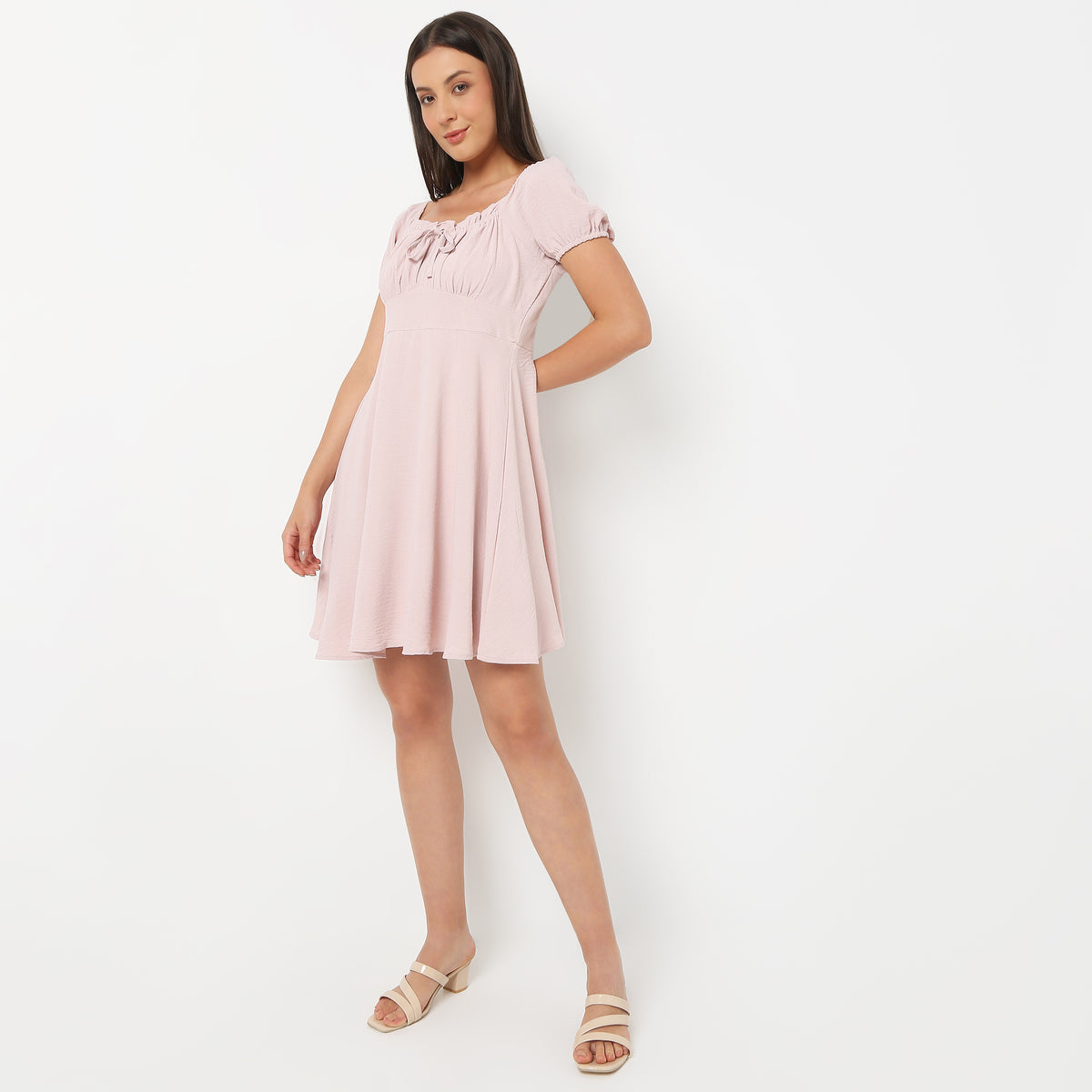 Women Solid Square Neck Above Knee Length Flare Fit Young Dress Mid Dress