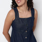 Indigo Denim Sleeveless Dress With Button Look