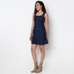 Indigo Denim Sleeveless Dress With Button Look