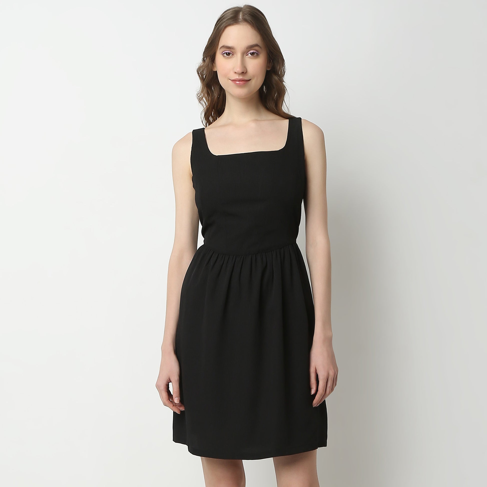 Flare Fit Solid Scoop Neck Dress