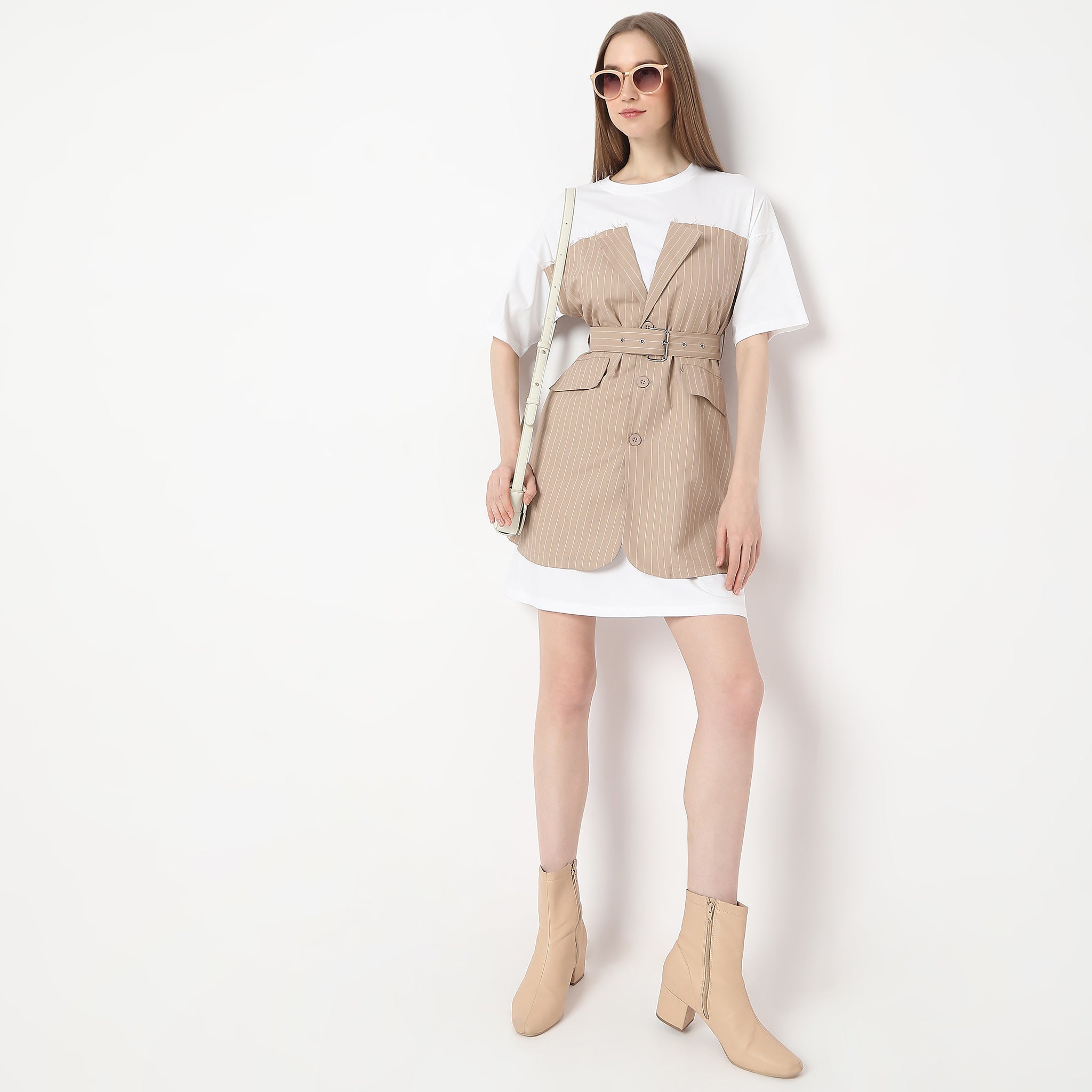 Above Knee Button-Down Detailing and Adjustable Belt Two Flap Pocket Dress