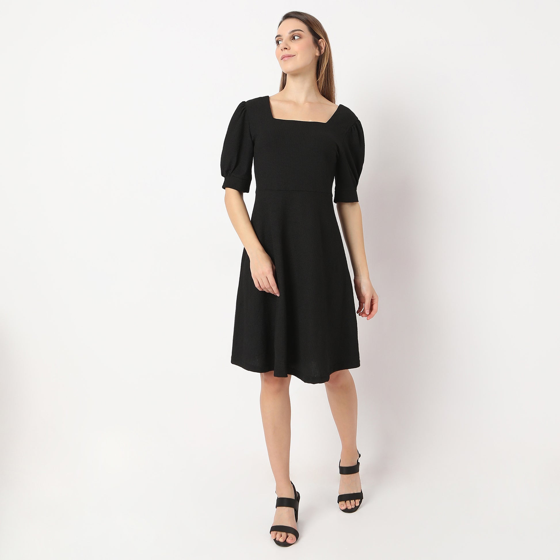 Flare Fit Knee Length Square Neck Short Sleeve Dress Style Union Flare Fit Knee Length Square Neck Short Sleeve Dress Style Union