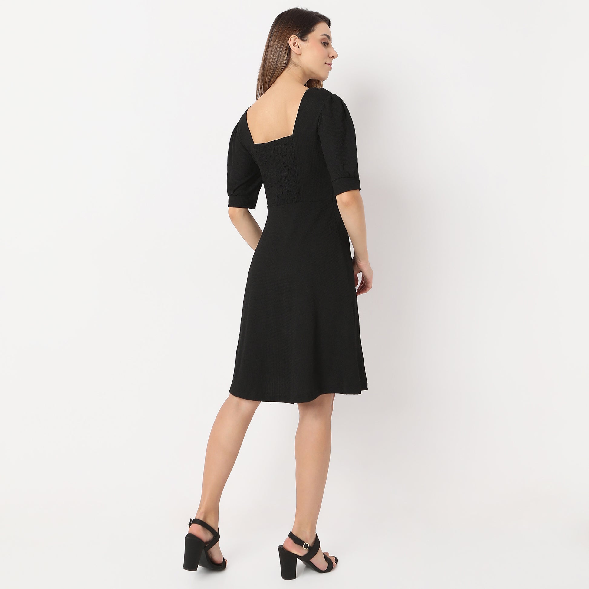 Flare Fit Knee Length Square Neck Short Sleeve Dress