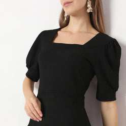 Flare Fit Knee Length Square Neck Short Sleeve Dress