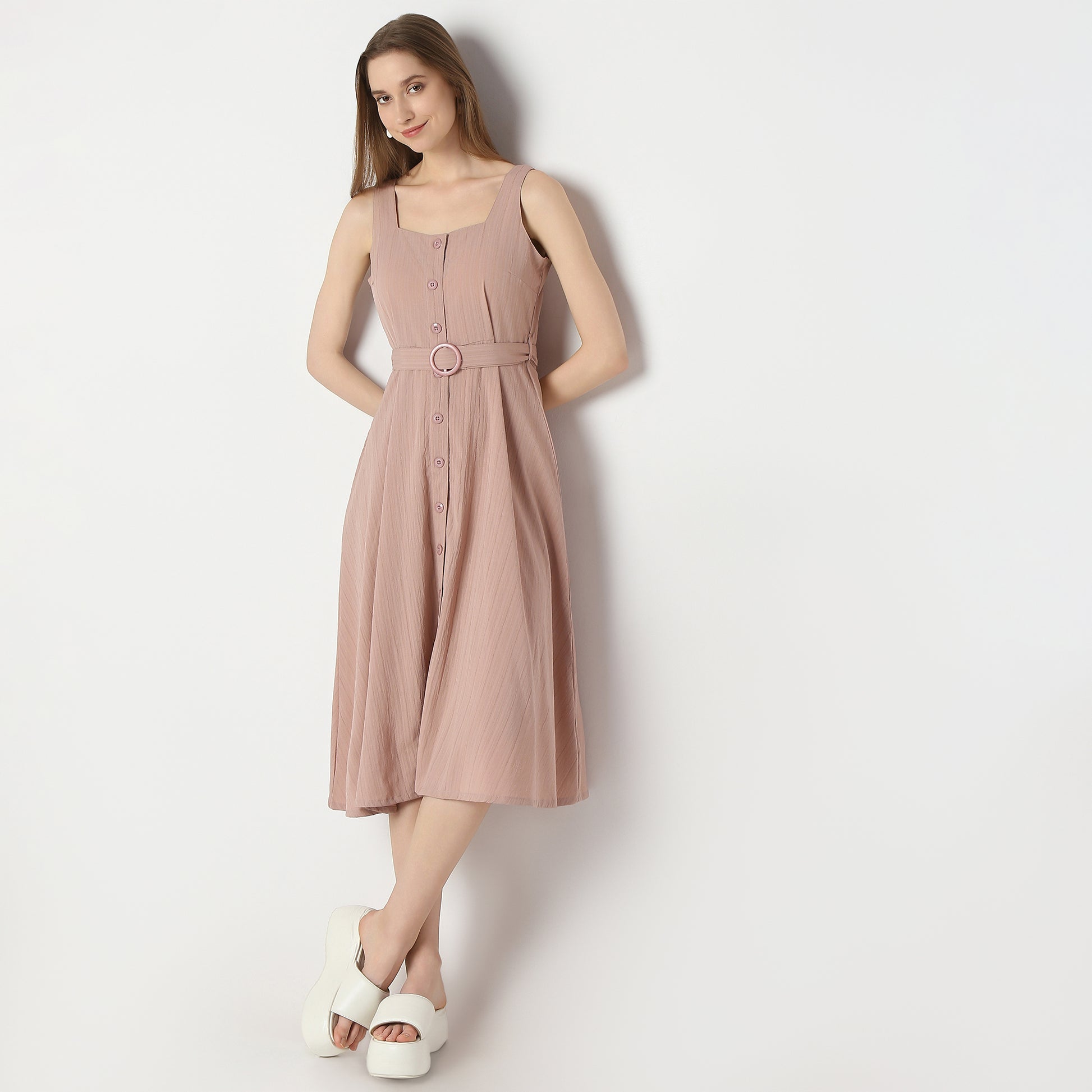 Flare Fit Solid Knee Length Dress