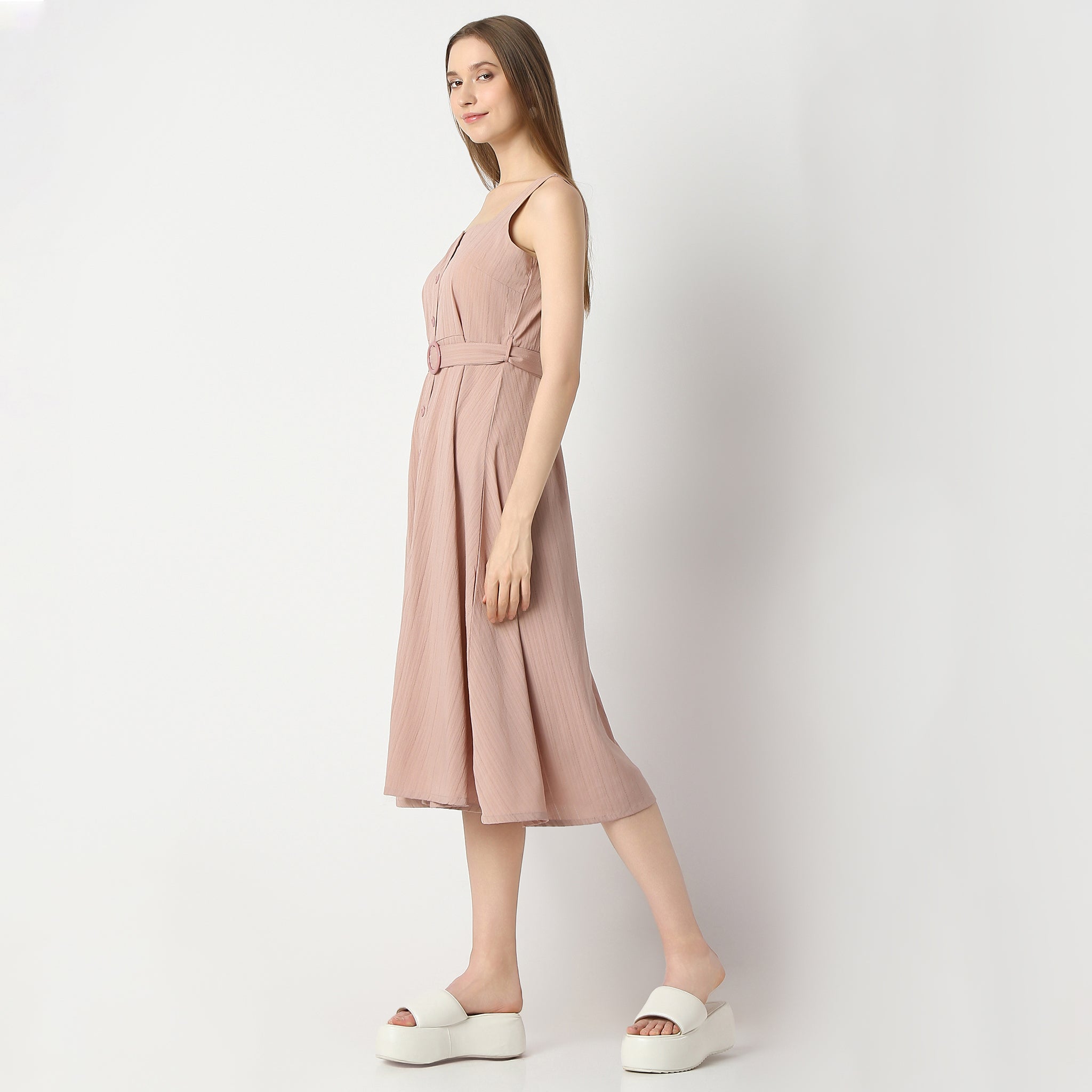 Flare Fit Knee Length Square Neck Strap Shoulder Smocking Dress