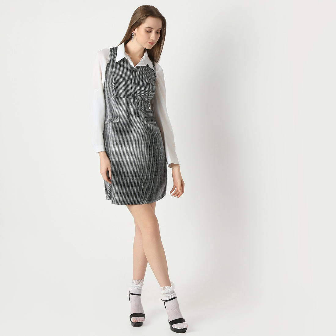 Regular Fit Houndstooth Above Knee Dress