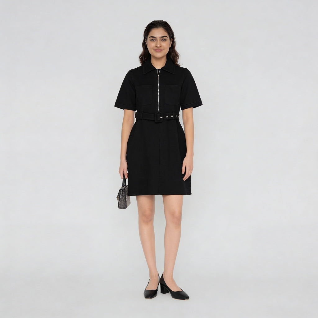 Solid Knee Length Knitted Indigo Pull On Zipper Dress With Belt Look