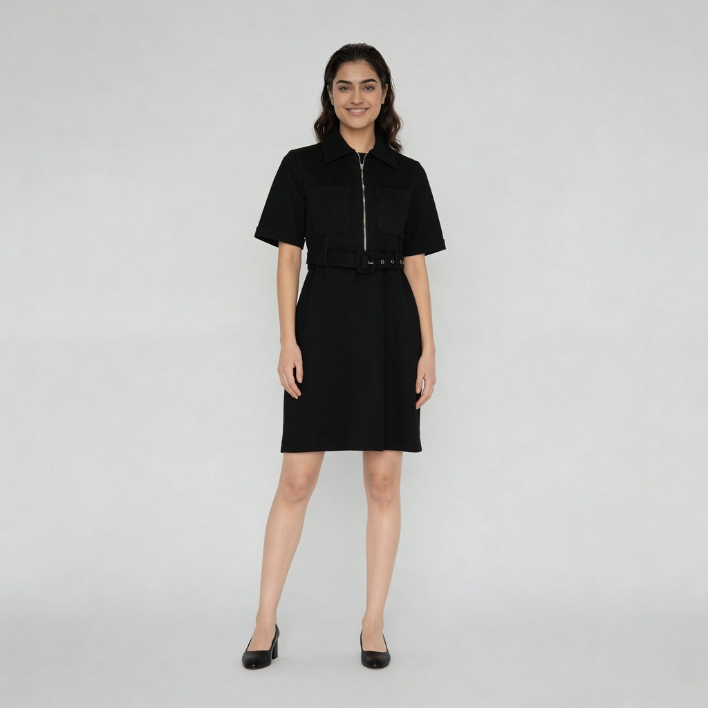 Solid Knee Length Knitted Indigo Pull On Zipper Dress With Belt Look