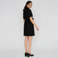 Solid Knee Length Knitted Indigo Pull On Zipper Dress With Belt Look