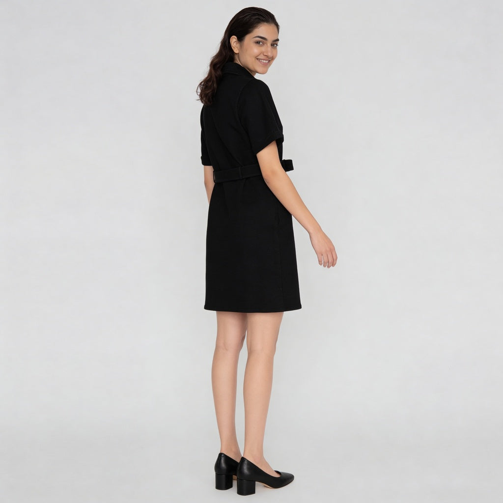 Solid Knee Length Knitted Indigo Pull On Zipper Dress With Belt Look