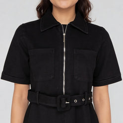 Solid Knee Length Knitted Indigo Pull On Zipper Dress With Belt Look