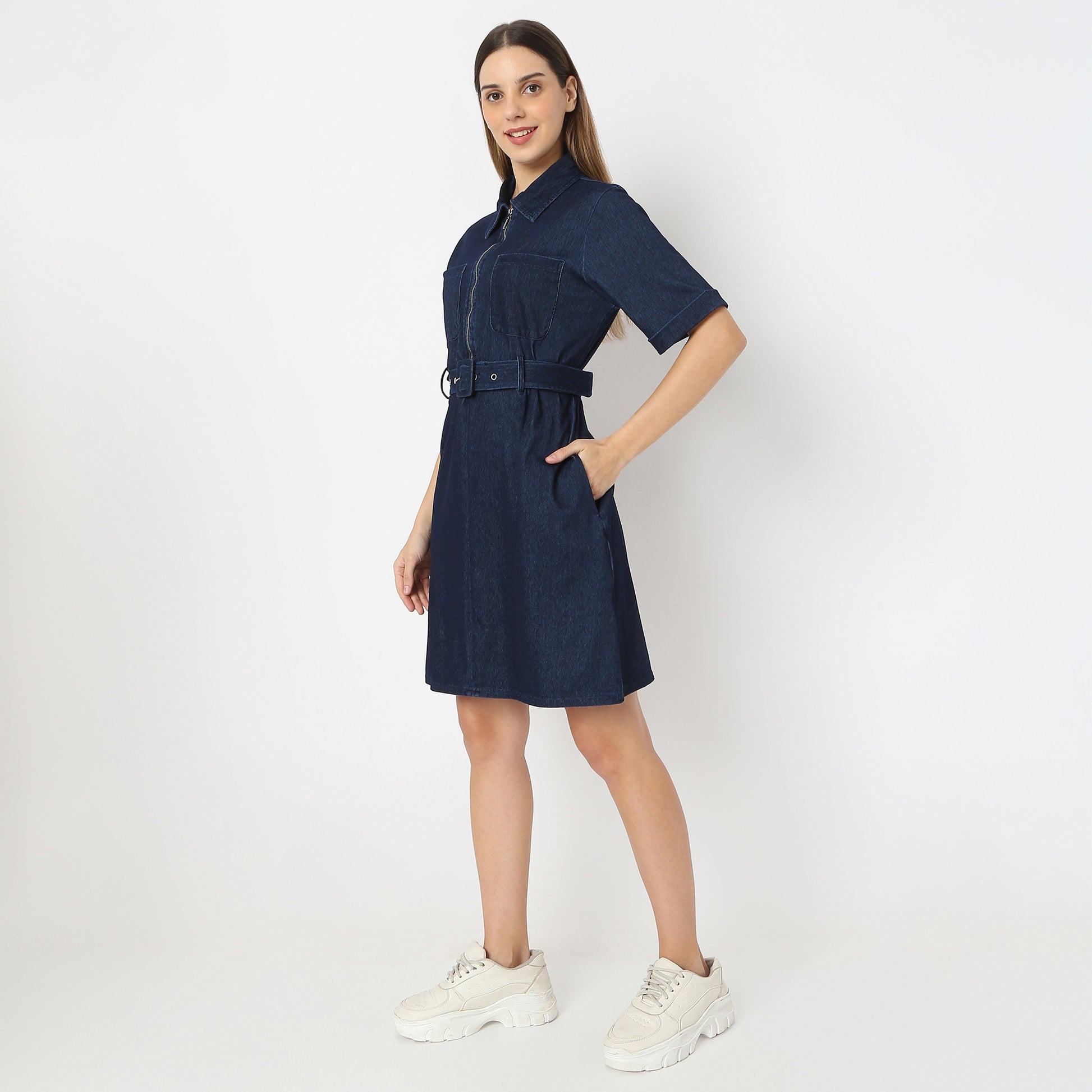 Solid Knee Length Knitted Indigo Pull On Zipper Dress With Belt Look