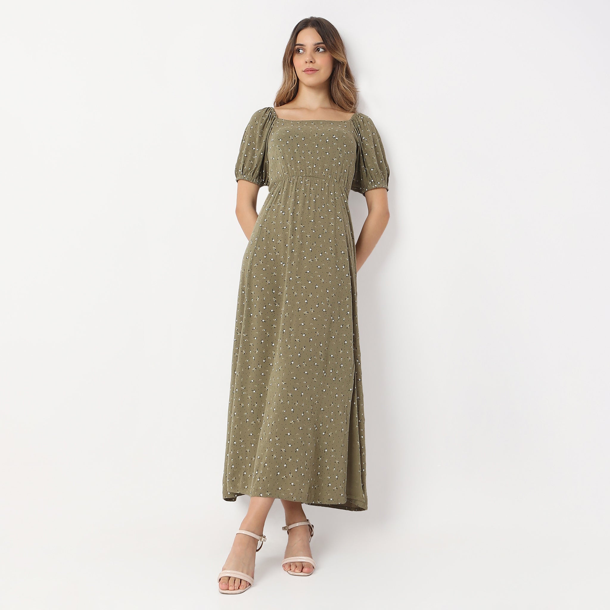 Flare Fit Printed Ankle Length Square Neck Betty Long Dress