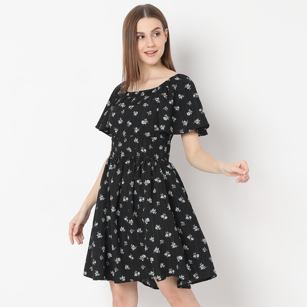 Flare Fit Printed Above Knee Flutter Sleeve Dress