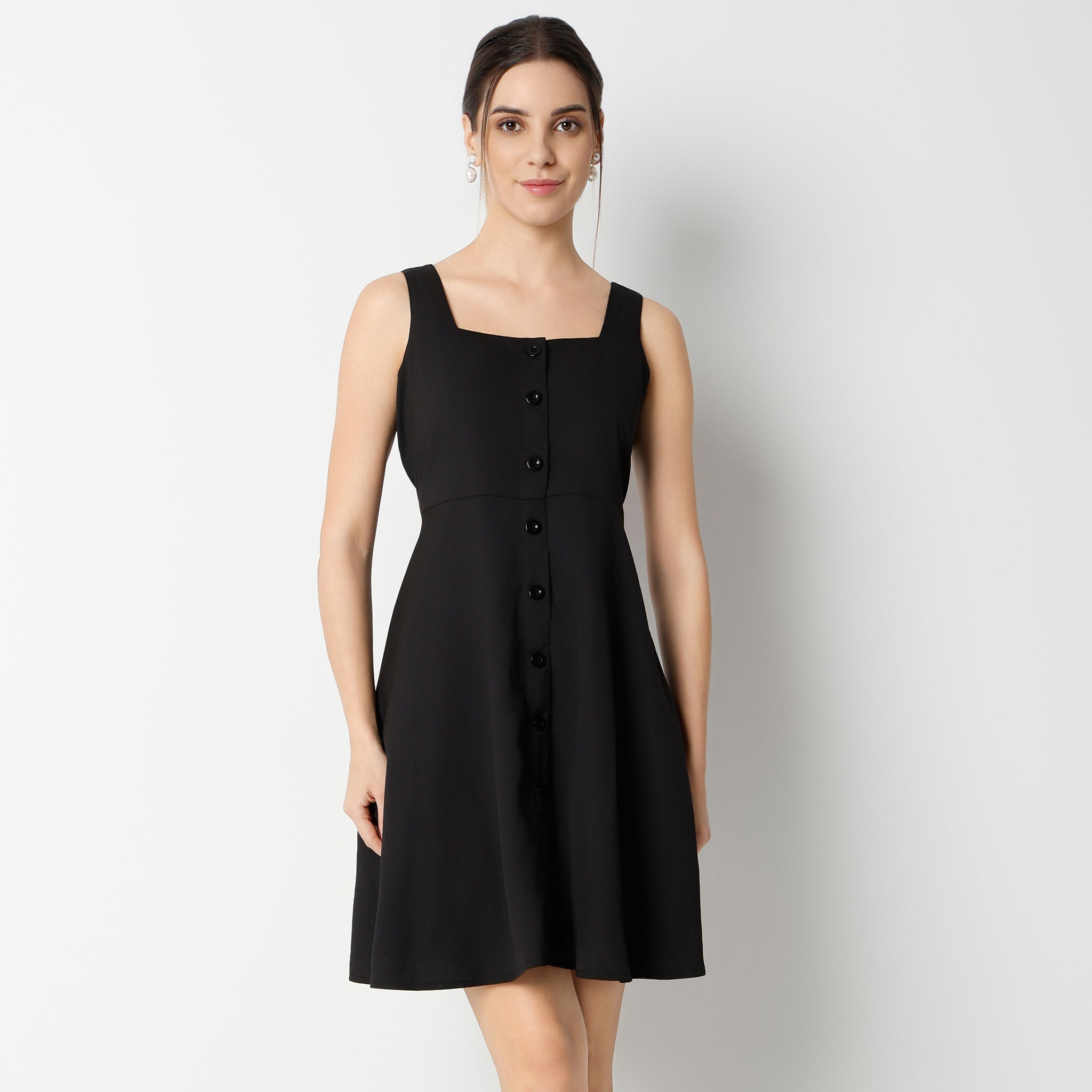 Flare Fit Solid Knee Length Dress