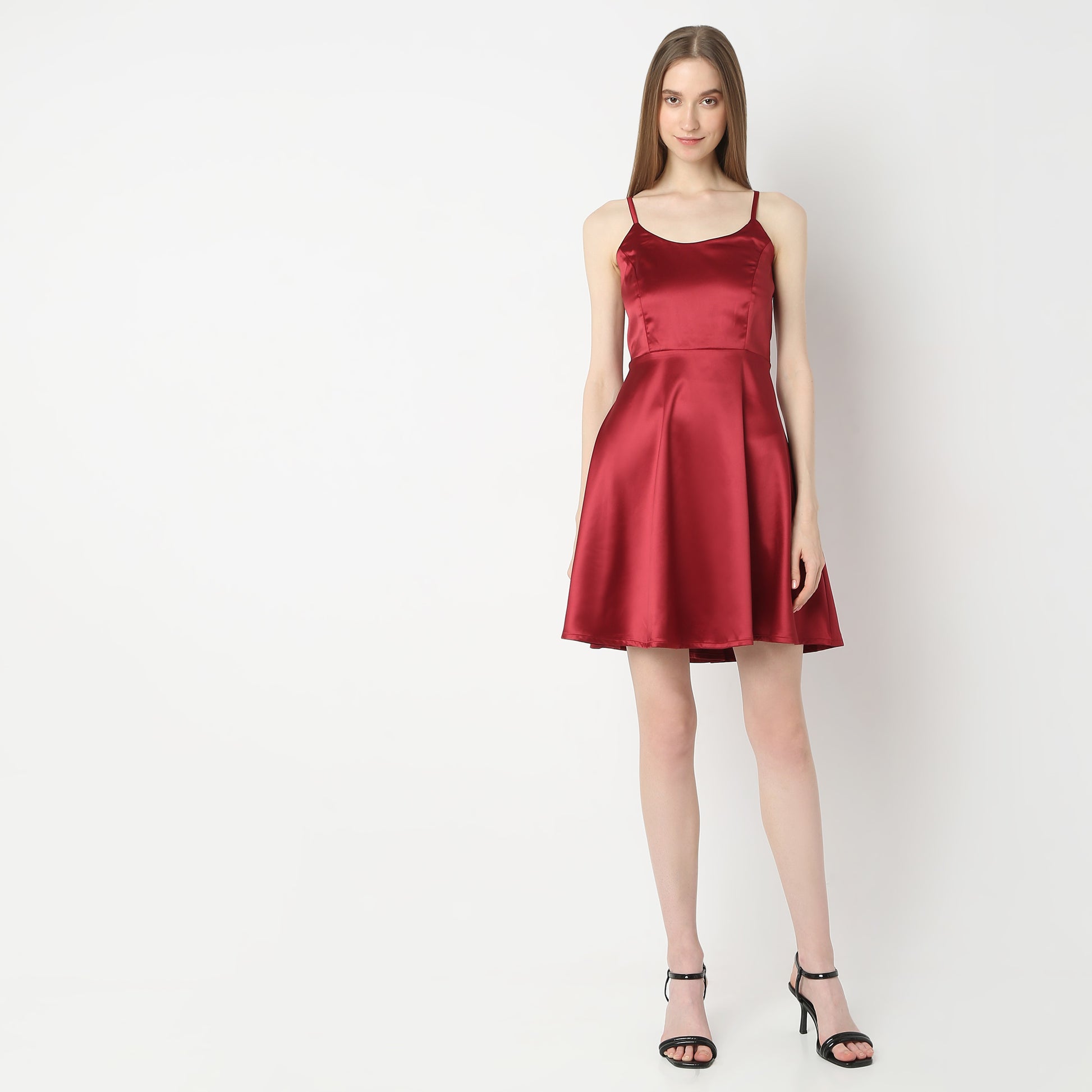 Flare Fit Shoulder Strap Satin Party Dress Style Union Flare Fit Shoulder Strap Satin Party Dress Style Union