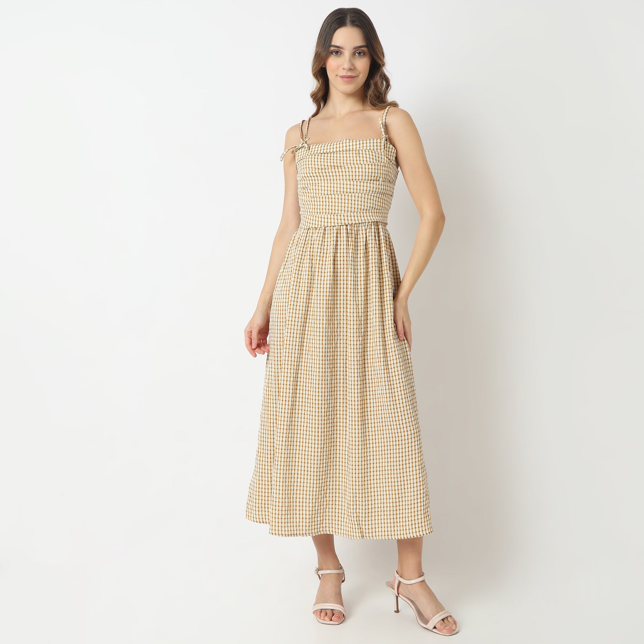 Flare Fit Checkered Sleeveless Square Neck Calf Length Betty