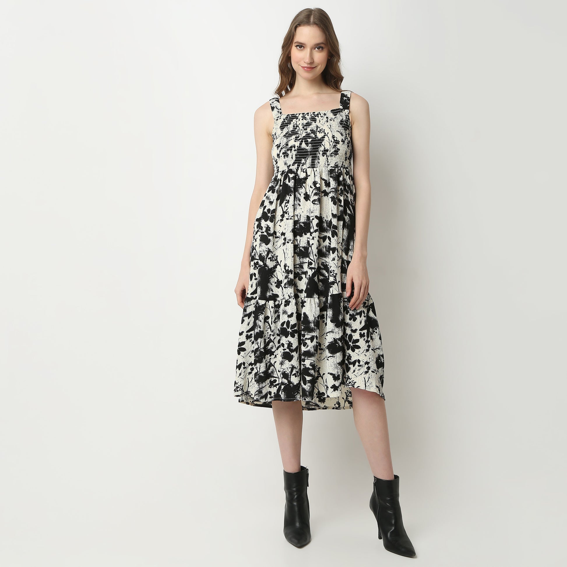 Flare Fit Printed Square Neck Dress