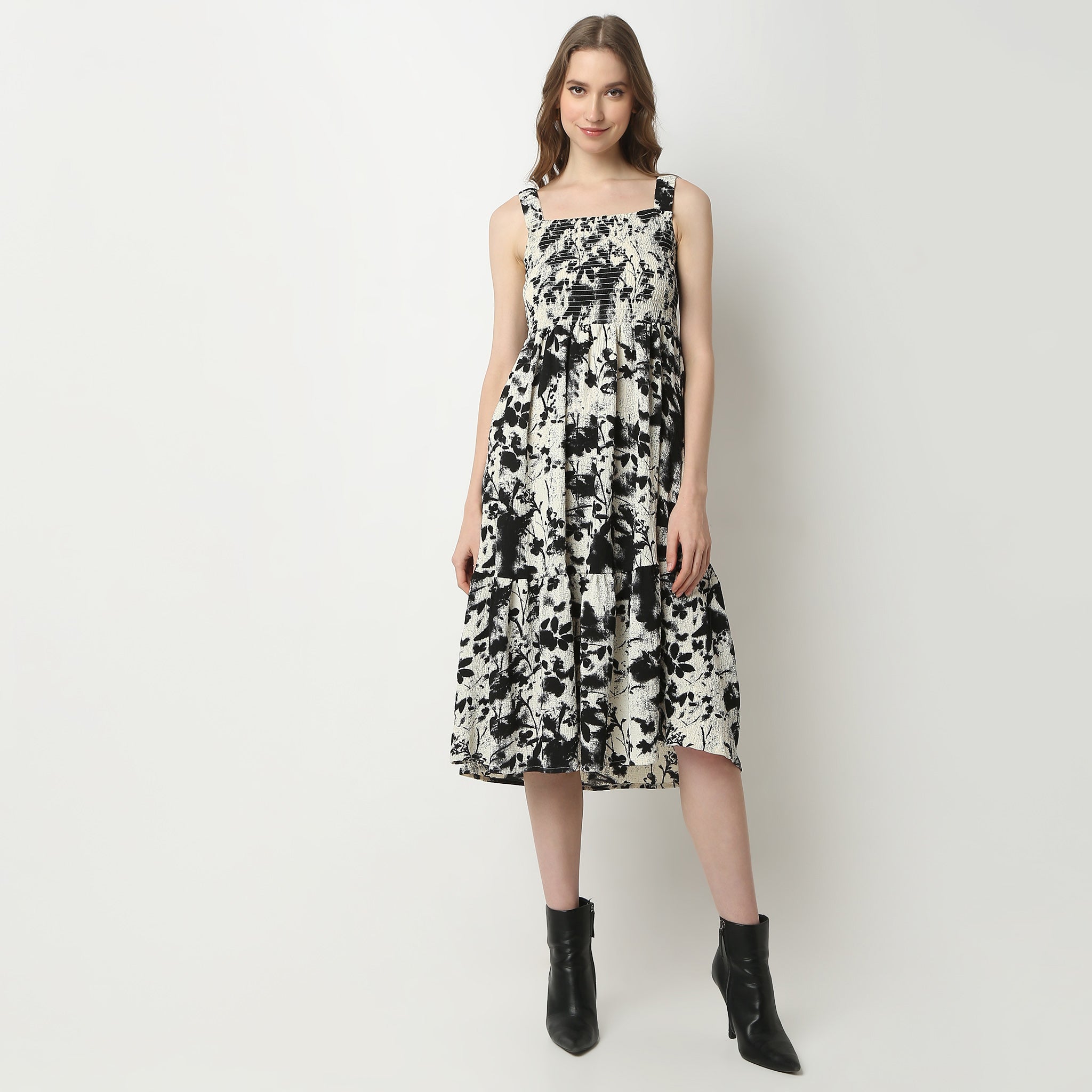 Flare Fit Printed Square Neck Dress