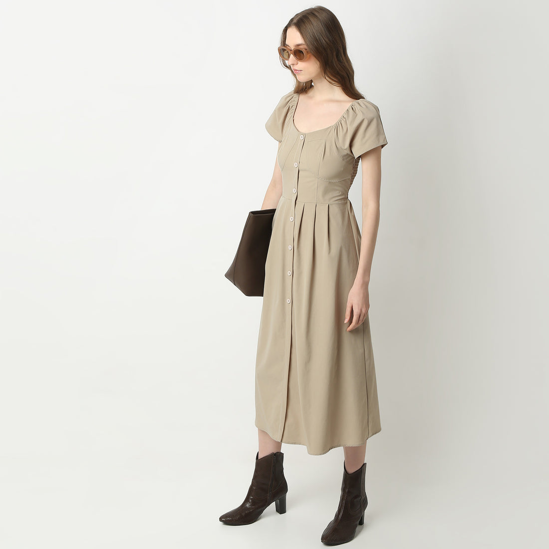 Flare Fit Solid Square Neck Dress