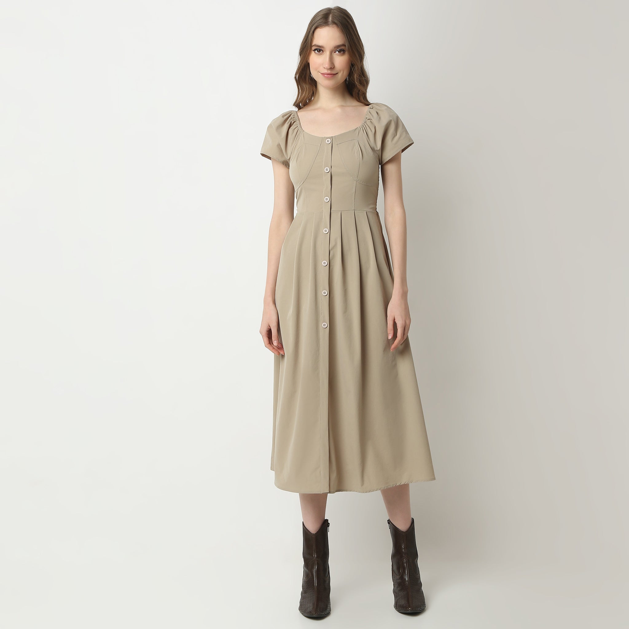 Flare Fit Solid Square Neck Dress