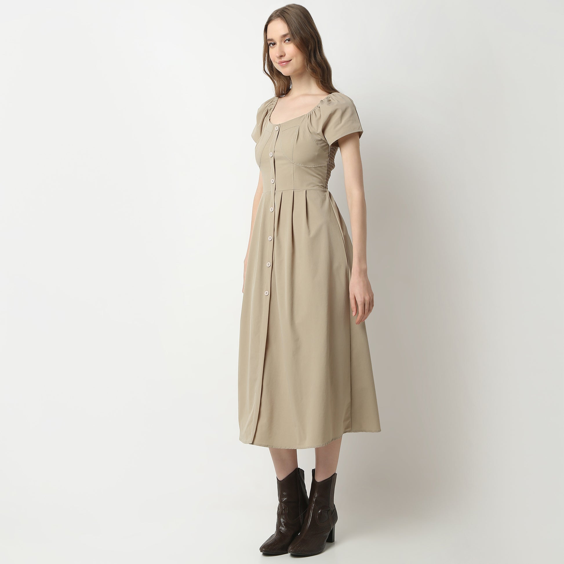 Flare Fit Solid Square Neck Dress