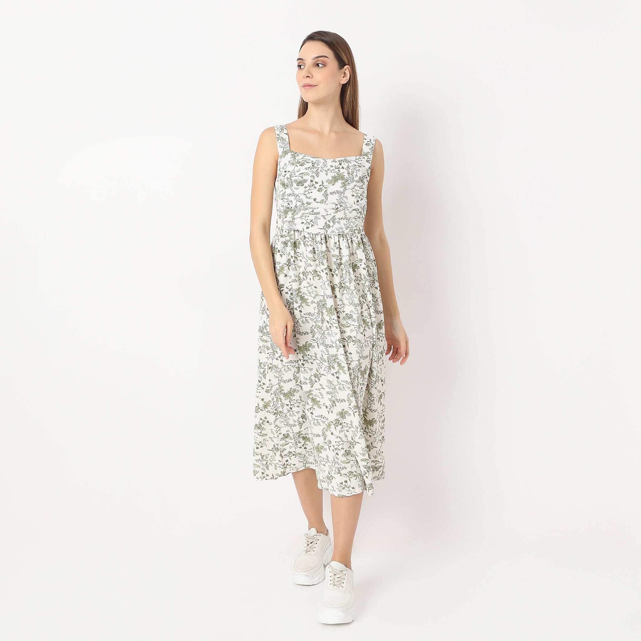 Flare Fit Printed Calf Length Square Neck Betty Sleeveless Dress