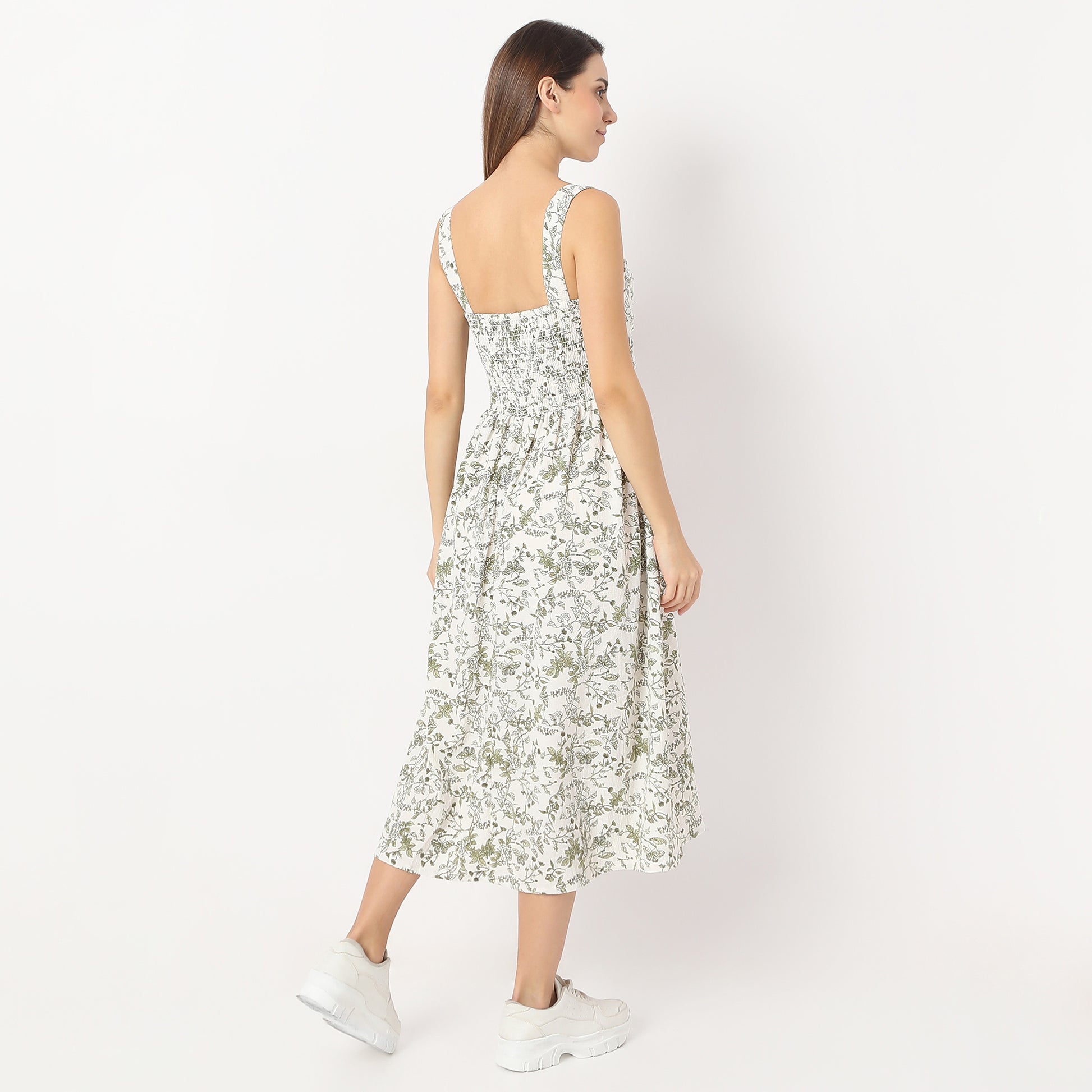 Flare Fit Printed Calf Length Square Neck Betty Sleeveless Dress