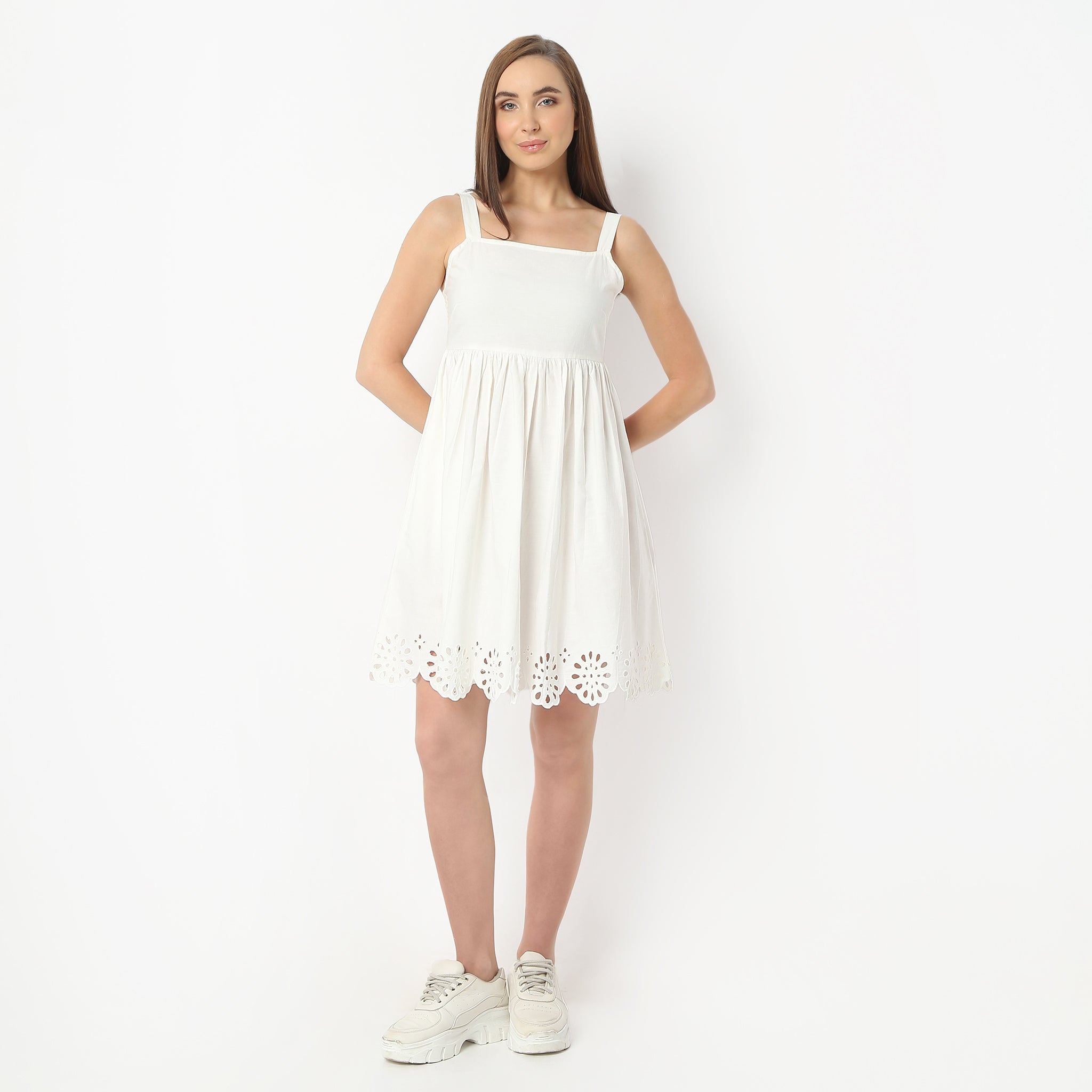 Flare Fit Solid Square Neck Knee Length Dress