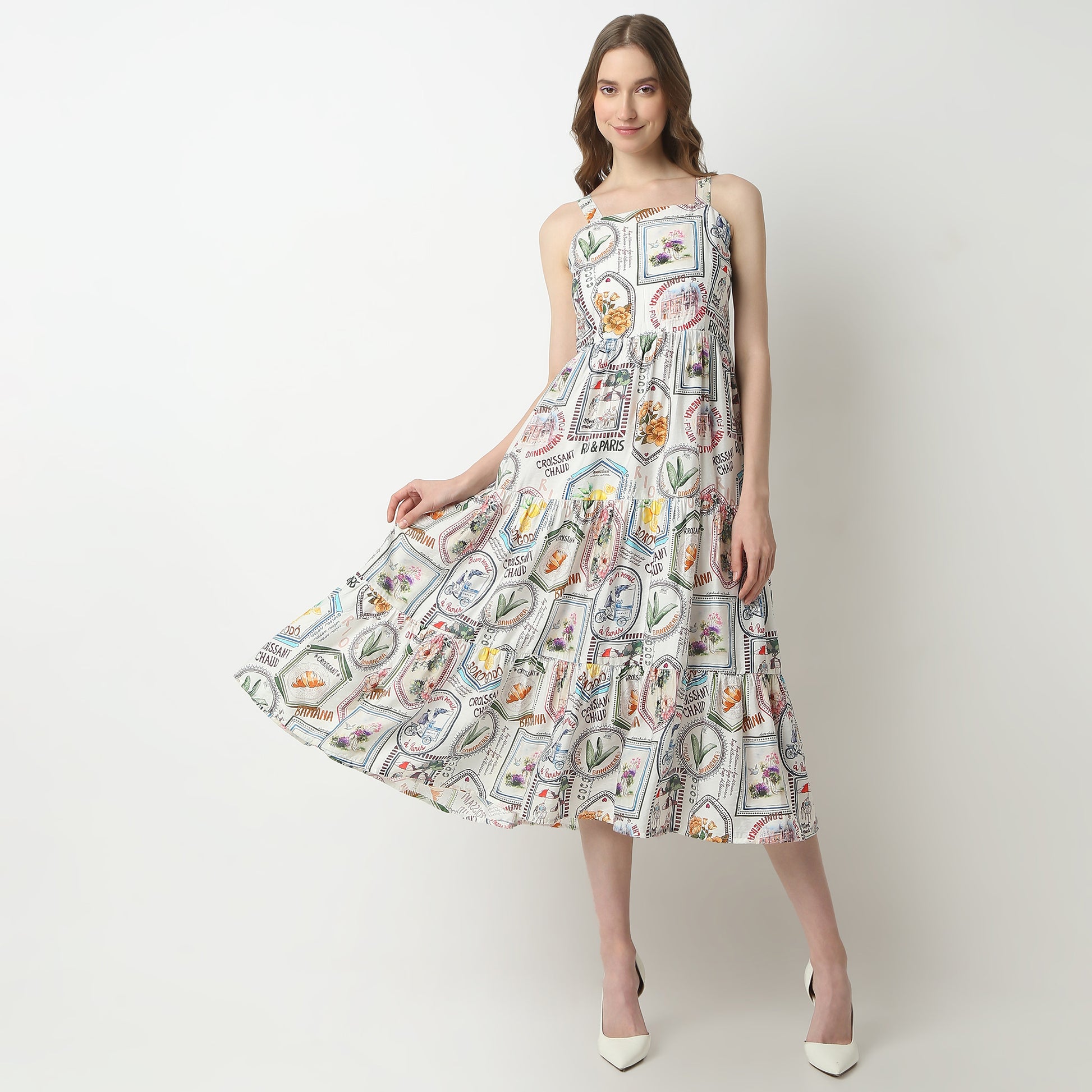 Flare Fit Abstract Square Neck Dress