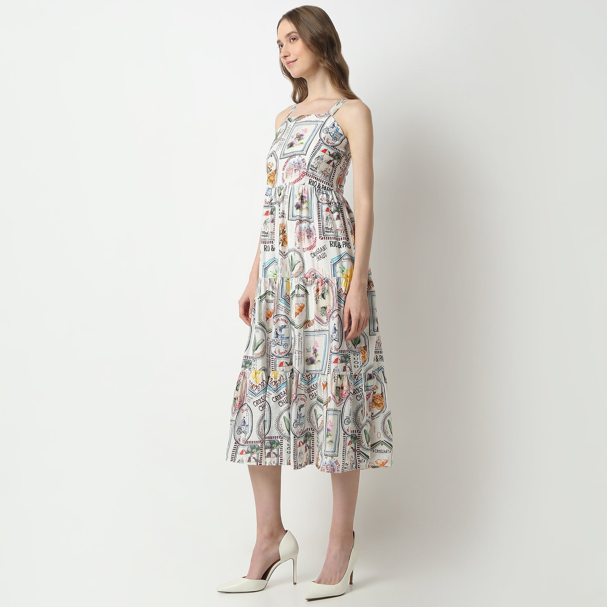 Flare Fit Abstract Square Neck Dress