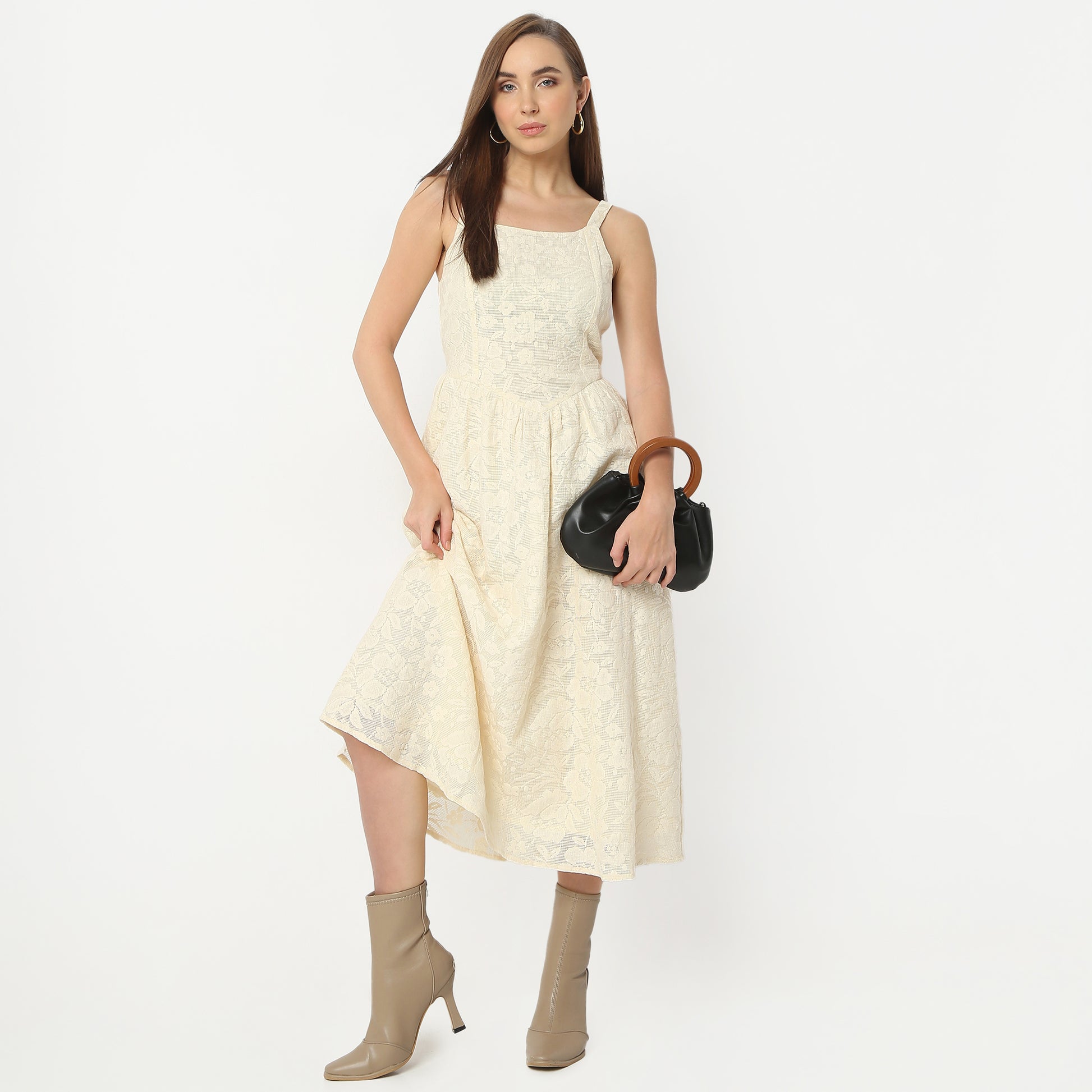 Flare Fit Embellished Square Neck Below Knee Dress