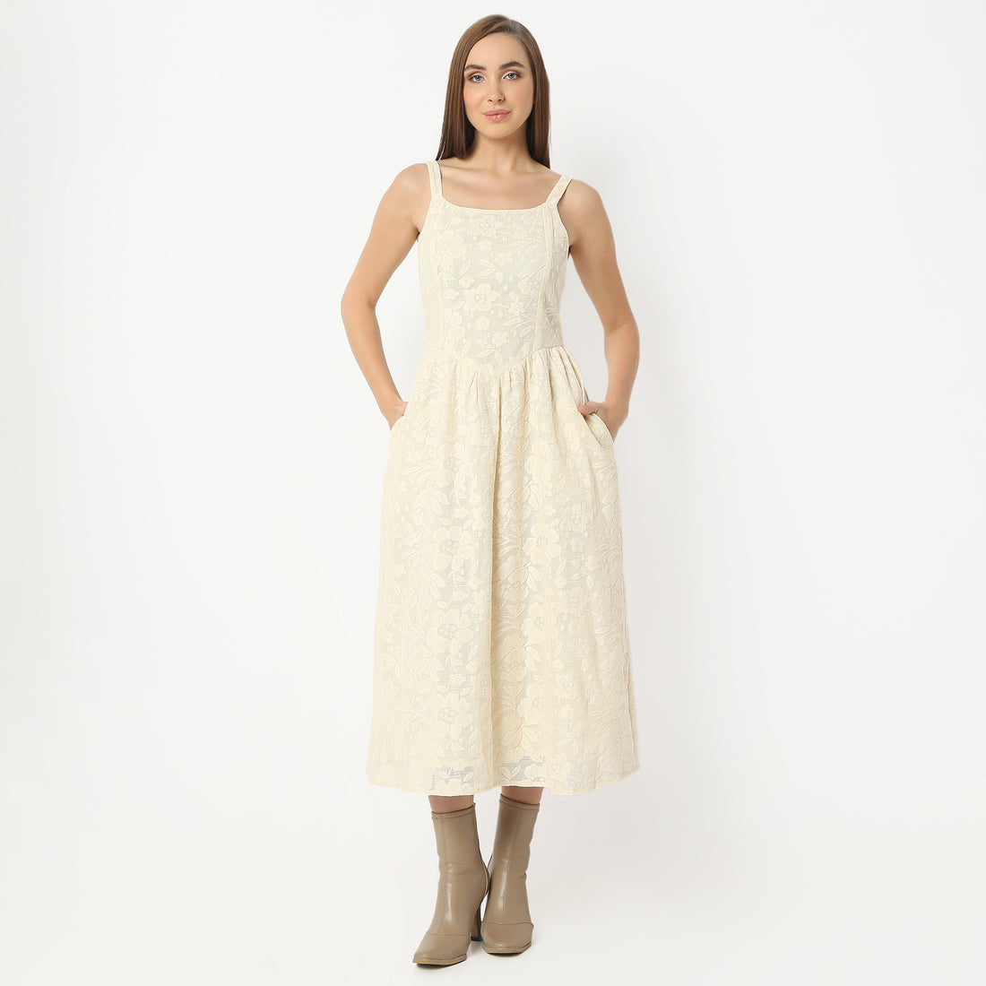 Flare Fit Embellished Square Neck Below Knee Dress