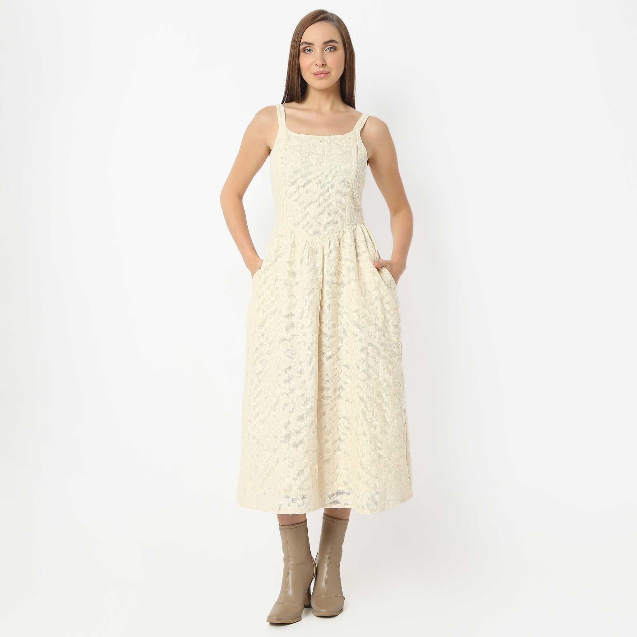 Flare Fit Embellished Square Neck Below Knee Dress