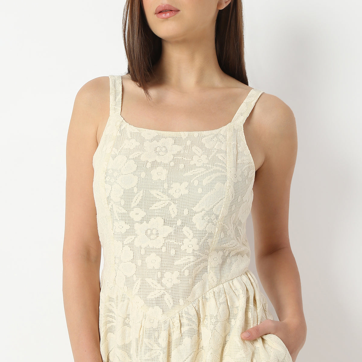 Flare Fit Embellished Square Neck Below Knee Dress