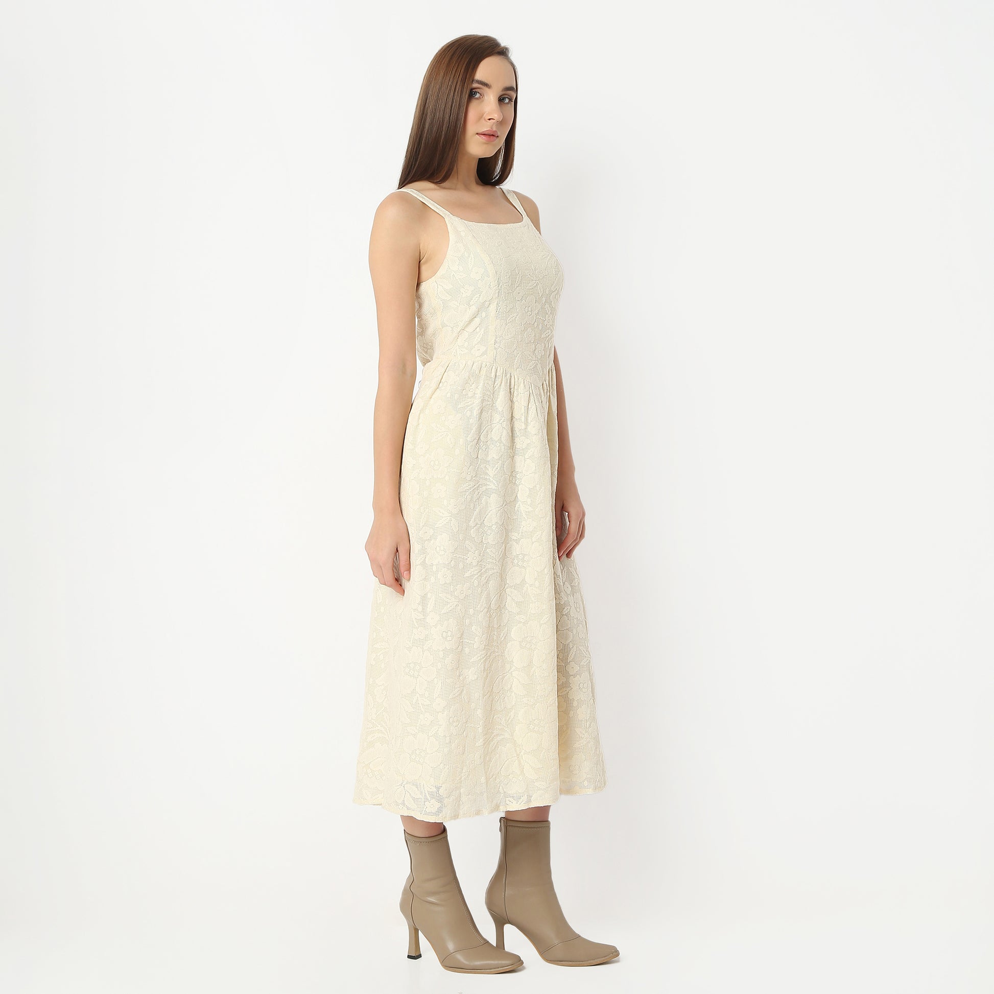 Flare Fit Embellished Square Neck Below Knee Dress