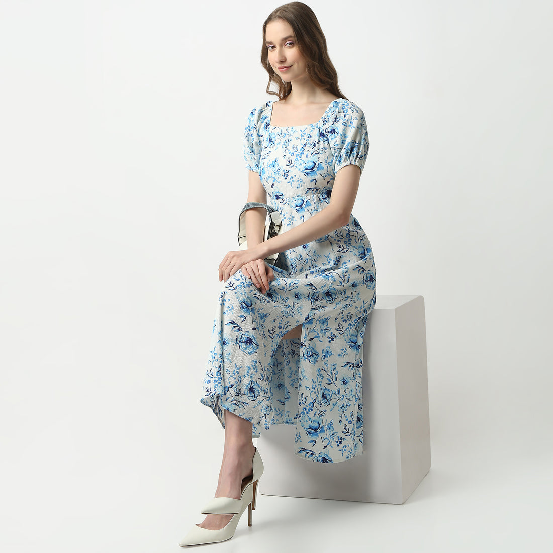 Flare Fit Printed Square Neck Dress