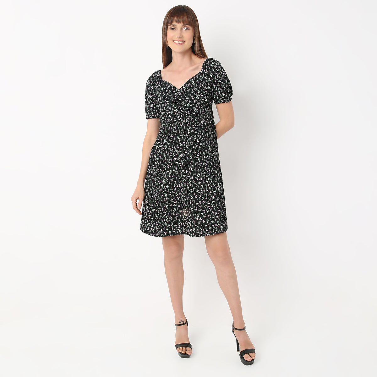Regular Fit Printed Sweetheart Neck Dress