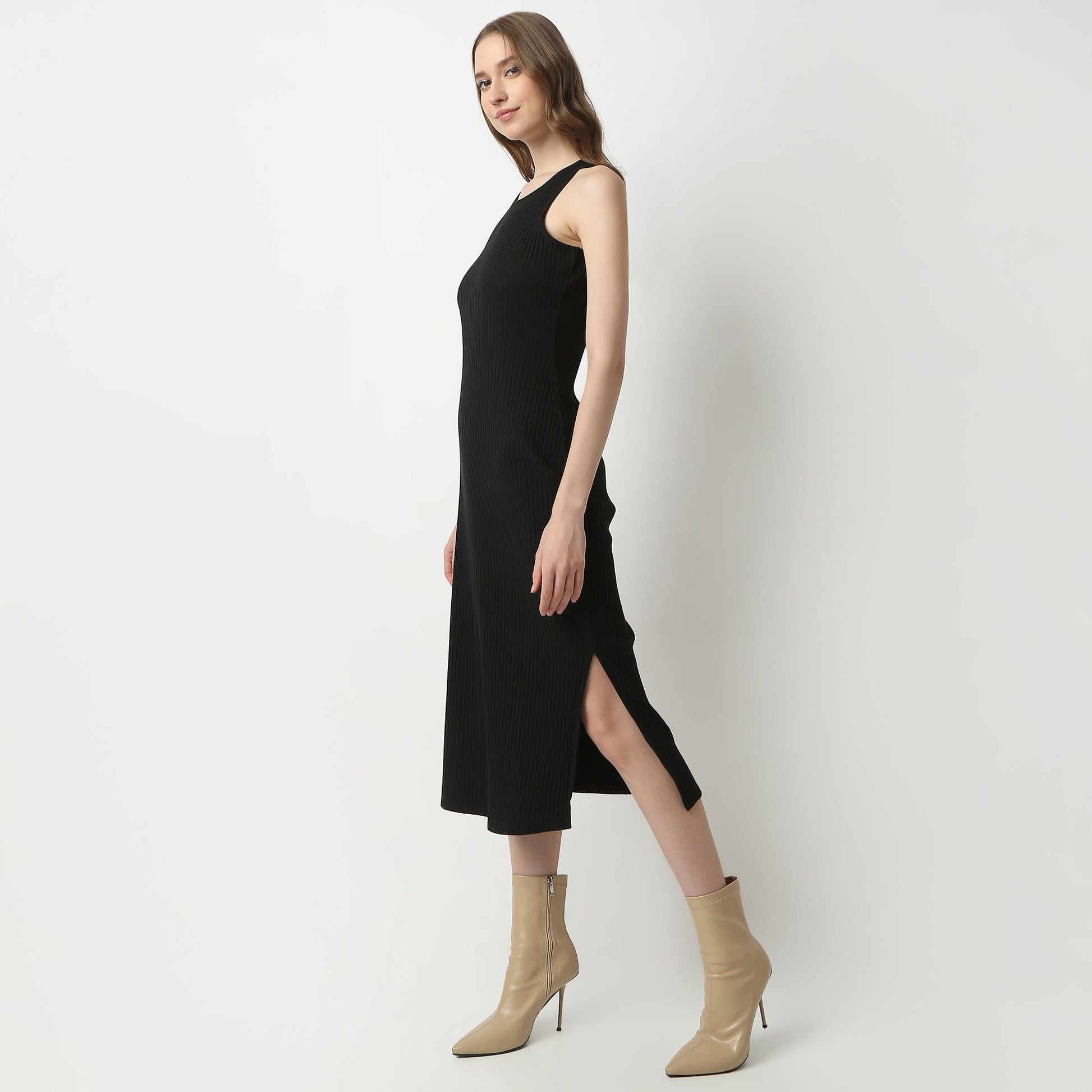 Slim Fit Solid Round Neck Dress