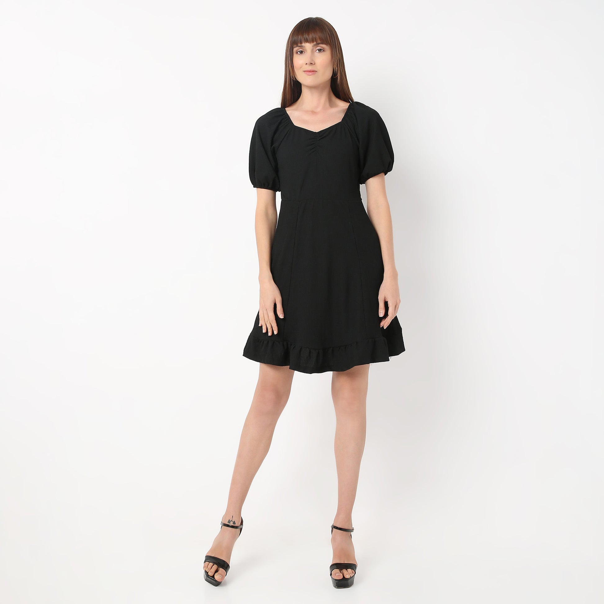 Flare Fit Solid Sweetheart Neck Dress