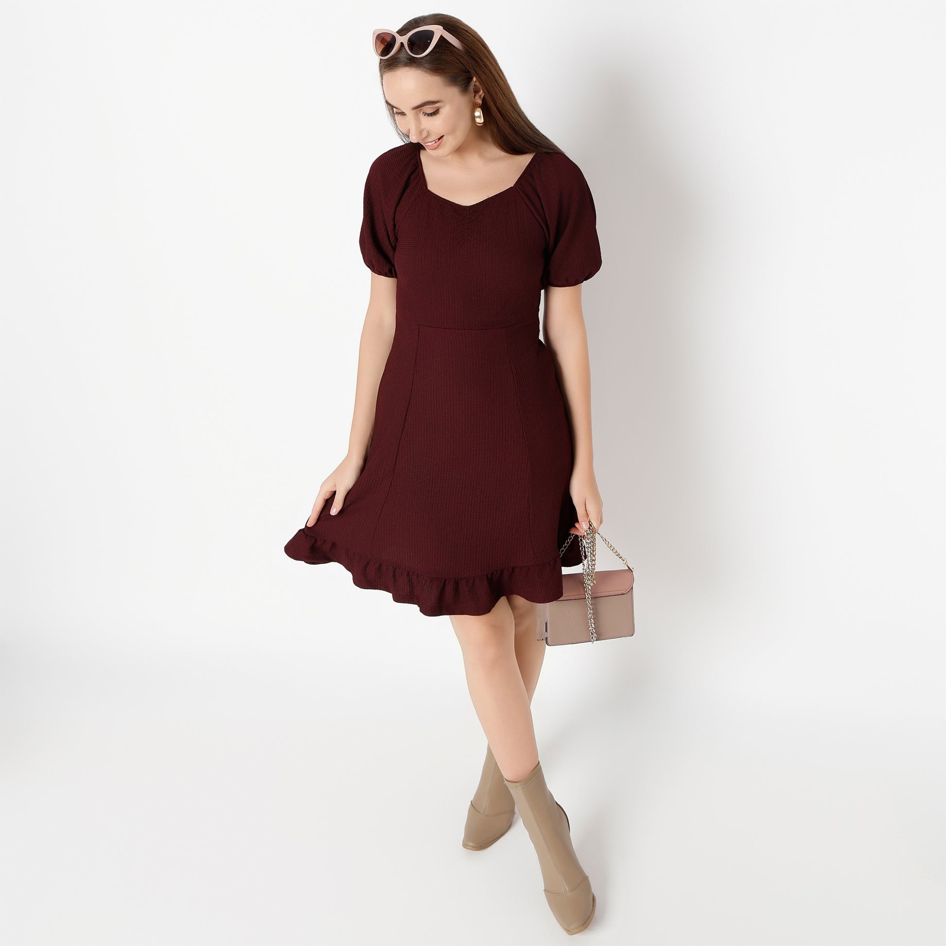 Flare Fit Solid Sweetheart Neck Dress