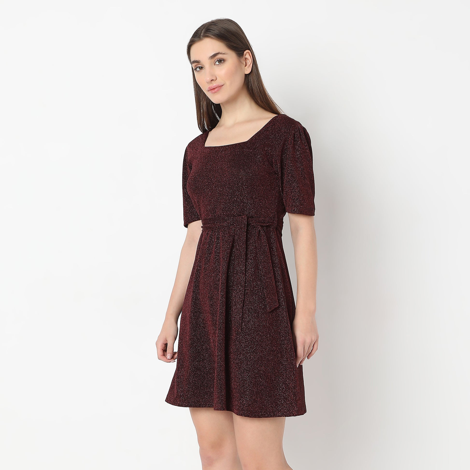 Flare Fit Solid Above Knee Short Sleeve Party Dress