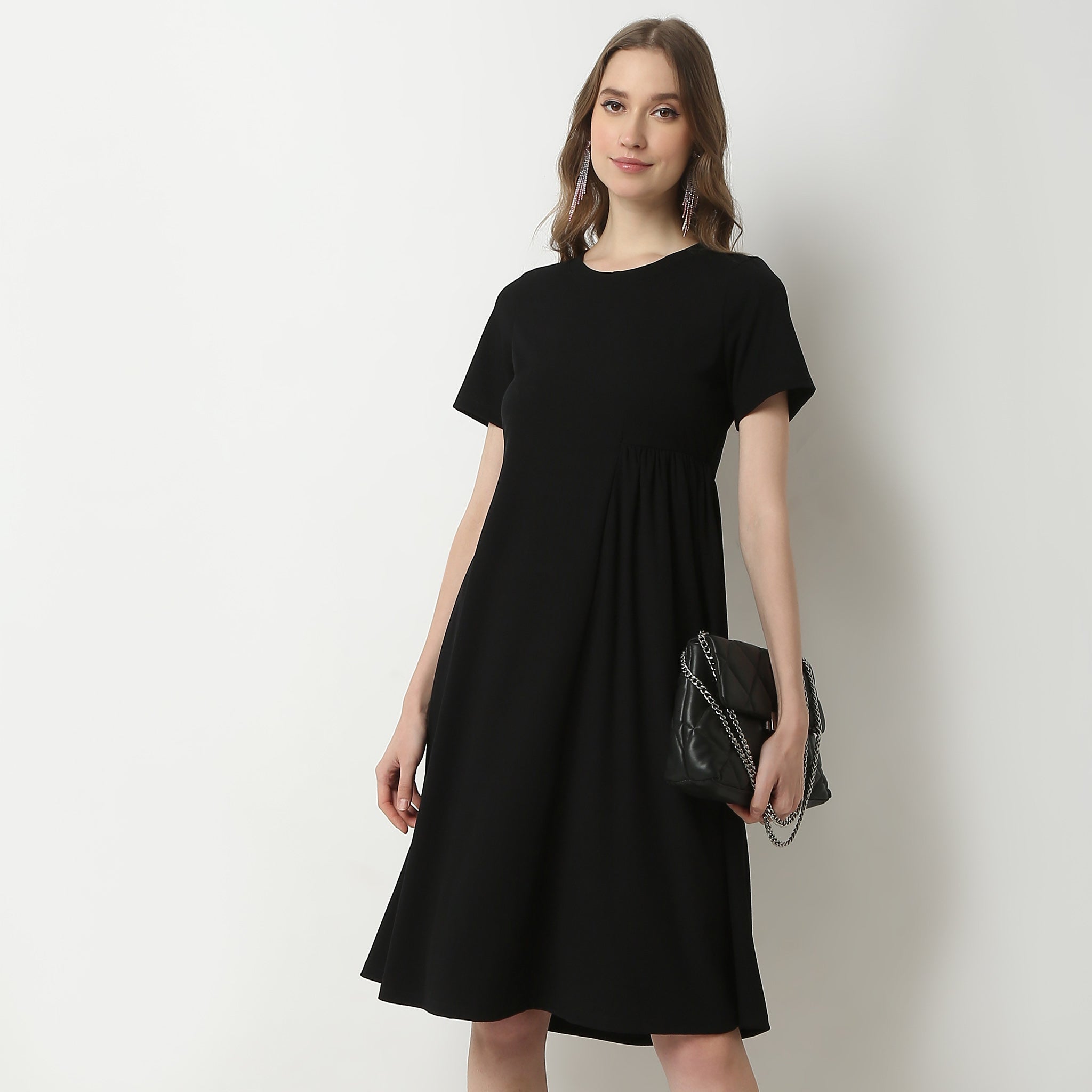 Flare Fit Solid Round Neck Dress