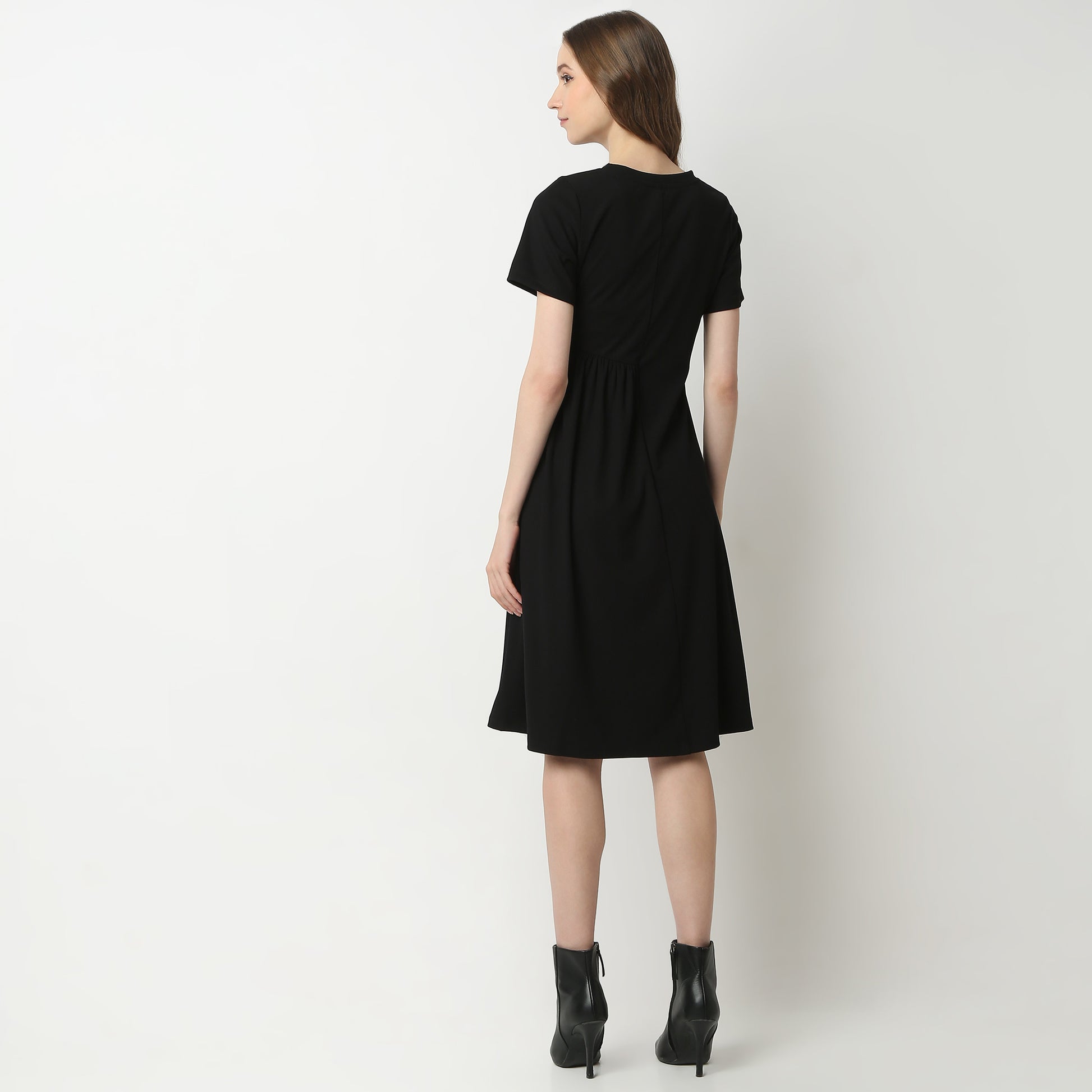 Flare Fit Solid Round Neck Dress