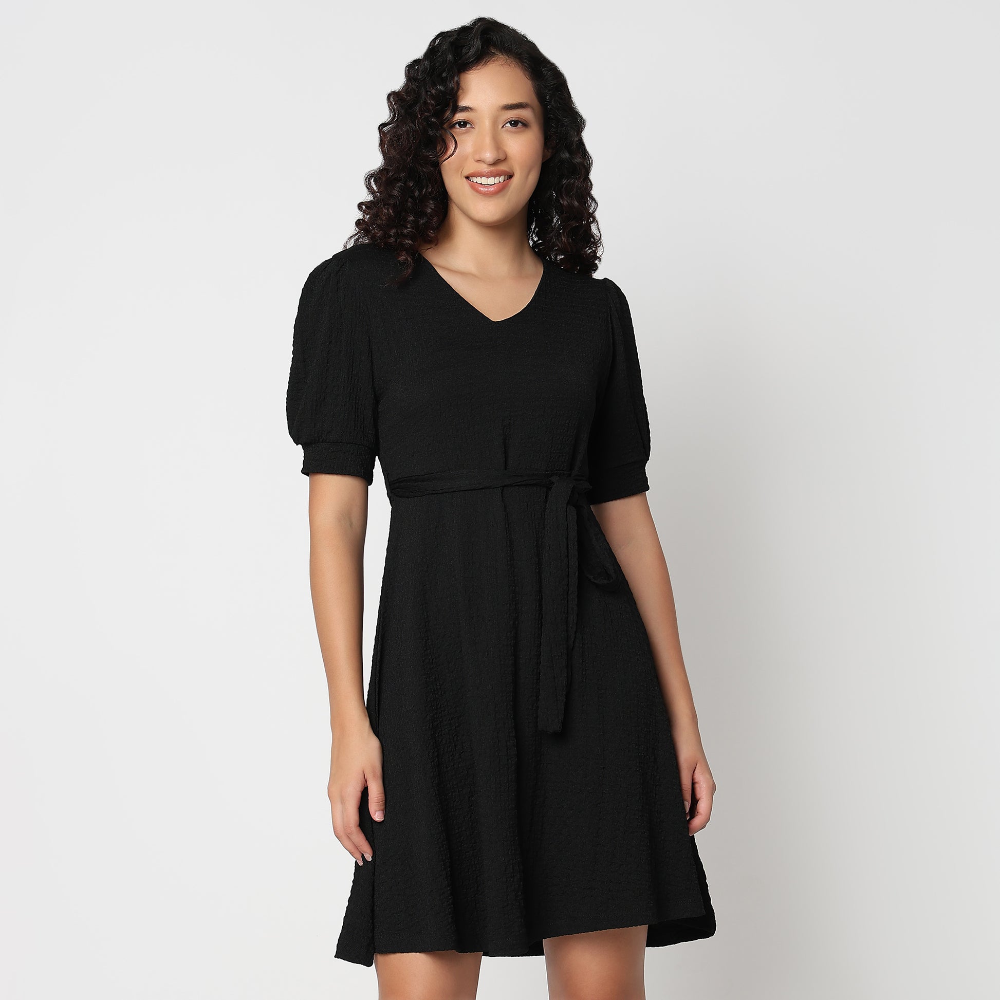 Betty V-Neck Short Dress with Belt Detail At Waist
