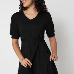 Betty V-Neck Short Dress with Belt Detail At Waist